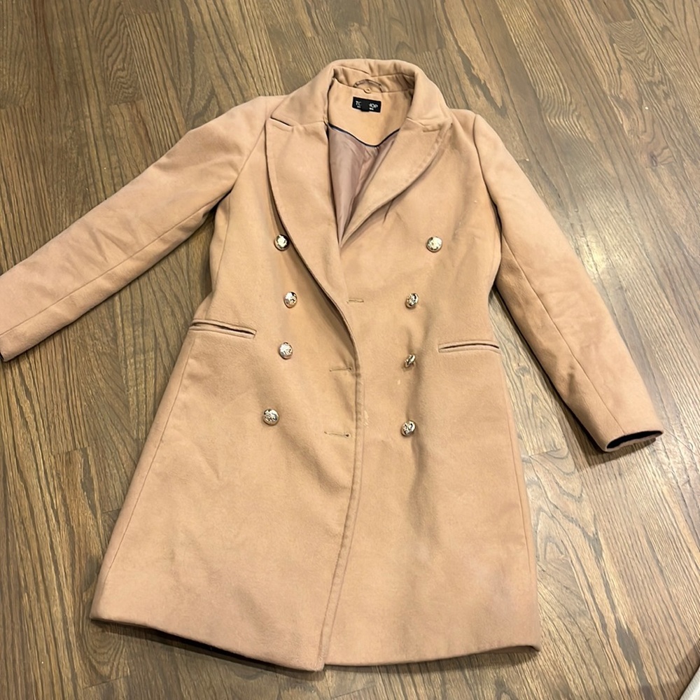 TOPSHOP camel pea coat with gold button detail! Size US 2. Small spots on front.